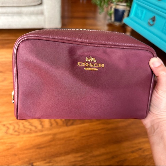 Coach Ellis Cosmetic Case Leather/Nylon Twill In Wine/Gold Color - Picture 7 of 9